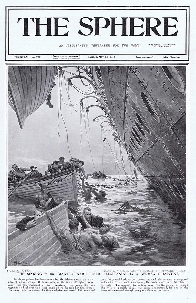 The Sinking of the Lusitania (original cover page from The Sphere 1915) art by Fortunino Matania