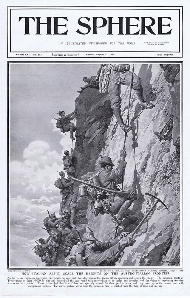The Italian Alpini scale the Austro-Italian Frontier (original cover page The Sphere 1915) art by Fo