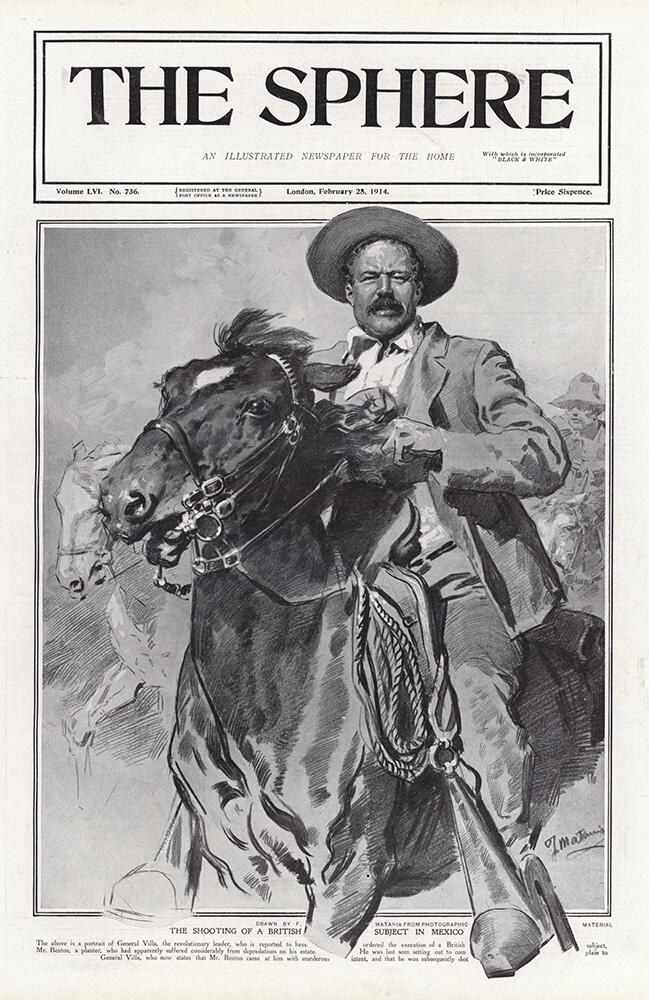 The Shooting of a British Subject in Mexico (original cover page from The Sphere 1914) art by Fortun