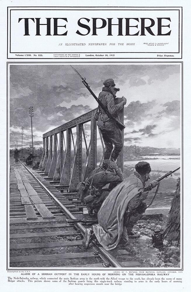 A Serbian Outpost on the Nish-Salonika Railway 1915 (original cover page from The Sphere) art by For