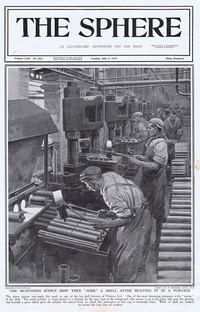 The Munitions Supply (original cover page from The Sphere 1915) art by Fortunino Matania