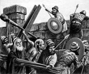 Nehemiah Defending the Walls of Jerusalem art by Clive Uptton