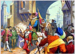 Sir Francis Drake arriving in Plymouth art by Severino Baraldi