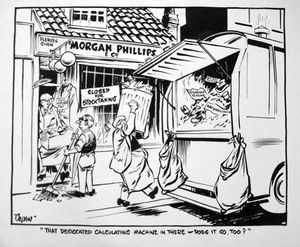 George Brown's New Broom political policy art by Neville Colvin