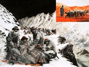 A Camel Caravan camped in the Pamir Mountains art by Graham Coton