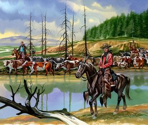 Texan Cowboys Driving Cattle North art by Ron Embleton