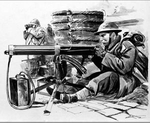 British Machine Gunner waiting for the Germans outside Dunkirk art by Wilf Hardy