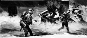 A German Flame-thrower team advances on the Maginot Line art by Wilf Hardy