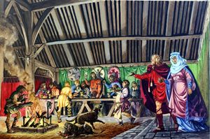 Anglo-Saxon Thane leads his Wife into the Great Hall art by Peter Jackson