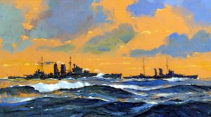 HMS Exeter and HMS York art by John S Smith