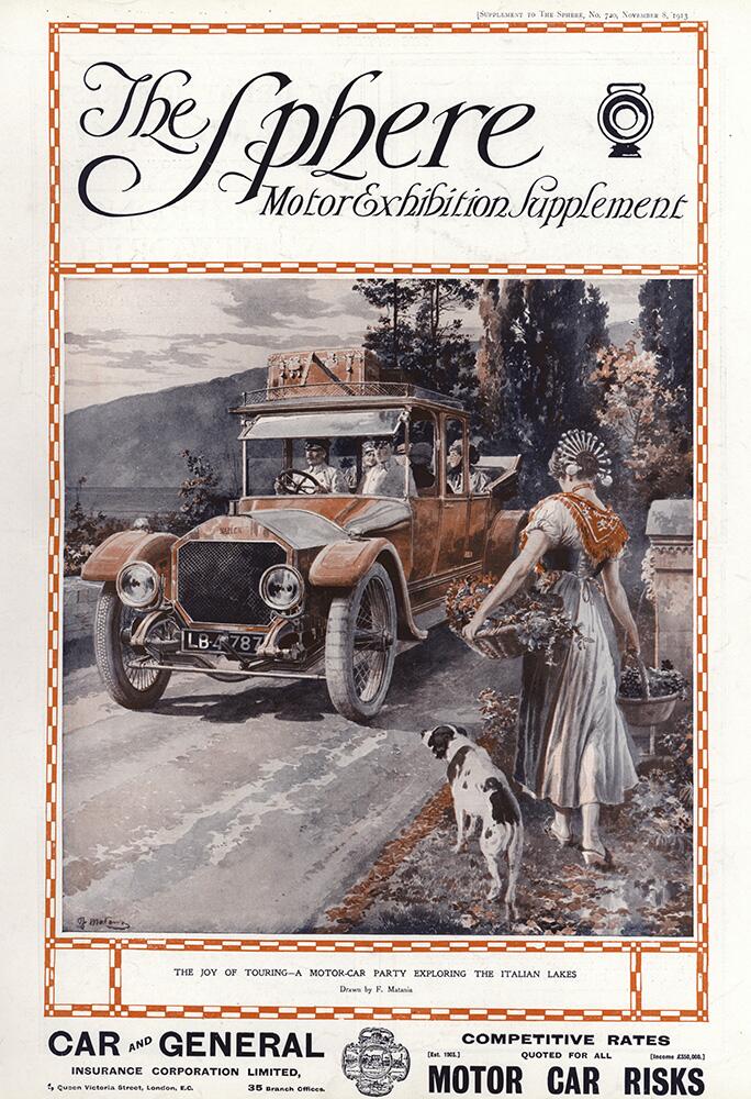 The Sphere Motor Exhibition (original cover page from The Sphere 1913) art by Fortunino Matania