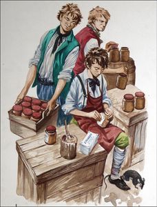 Charles Dickens at the Boot Blacking Factory art by Peter Jackson