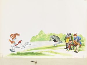 The Hare Races into the Lead as the Tortoise Follows art by Ron Embleton