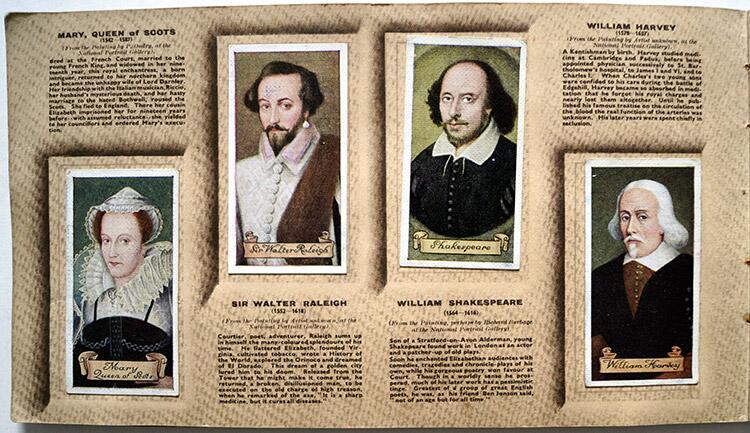 Complete Set of 50 'Celebrities Of British History' Carreras Cigarette Cards in album (1935)
