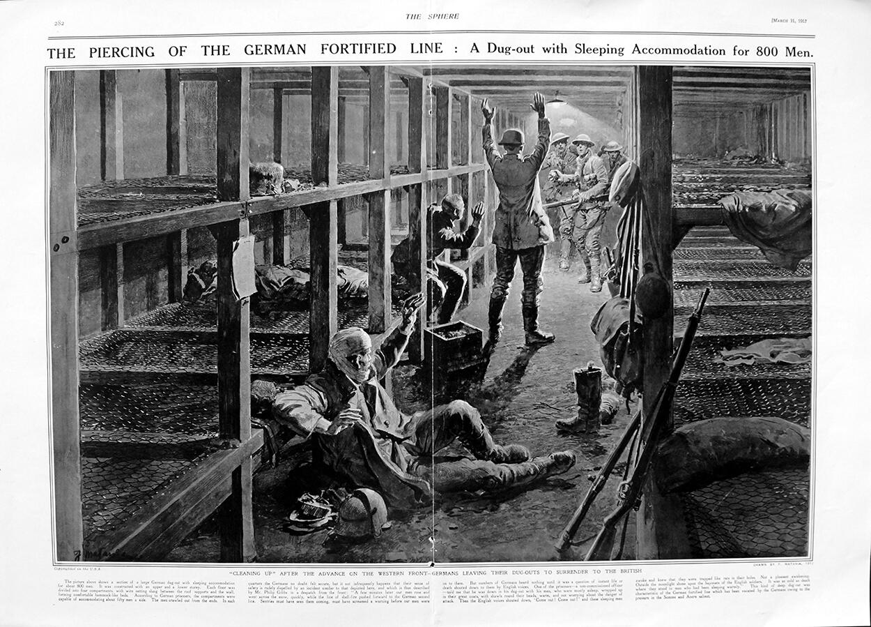Dug-Out (original page from The Sphere 1917) art by Fortunino Matania