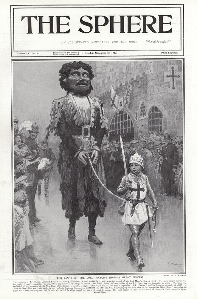 The Giant at the Lord Mayor's Show (original cover page from The Sphere 1913) art by Fortunino Matan