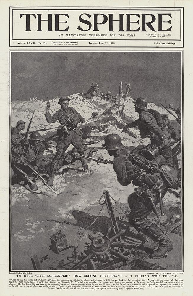 Lieutenant J.C. Buchan wins the Victoria Cross (original cover page from The Sphere 1918) art by For