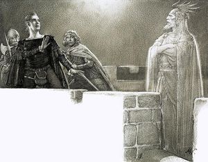 The Ghost of Hamlet's father appears to him on the battlements at Elsinore art by John Millar Watt