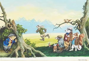 The Hare Forges Ahead as the Hedgehog Watches art by Ron Embleton