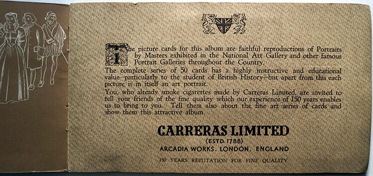 Complete Set of 50 'Celebrities Of British History' Carreras Cigarette Cards in album (1935)