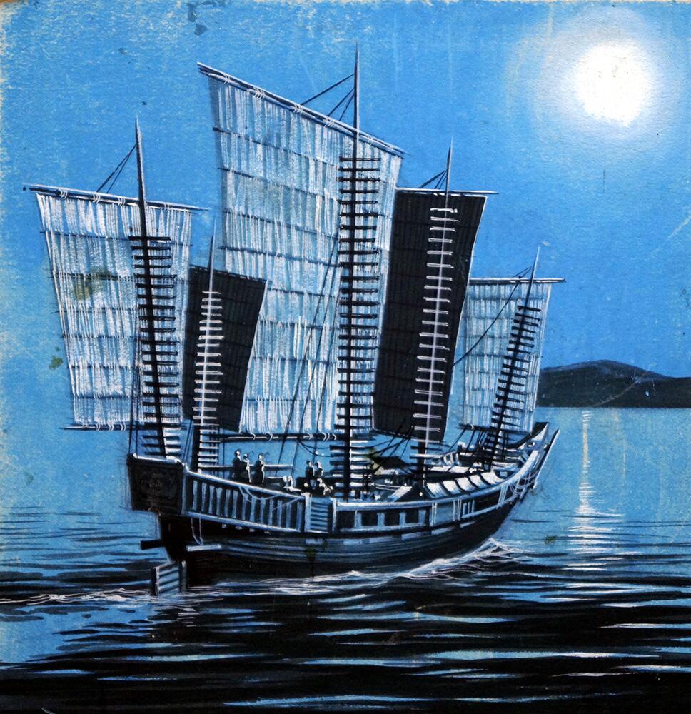 Chinese Junk at Night art by Ron Embleton