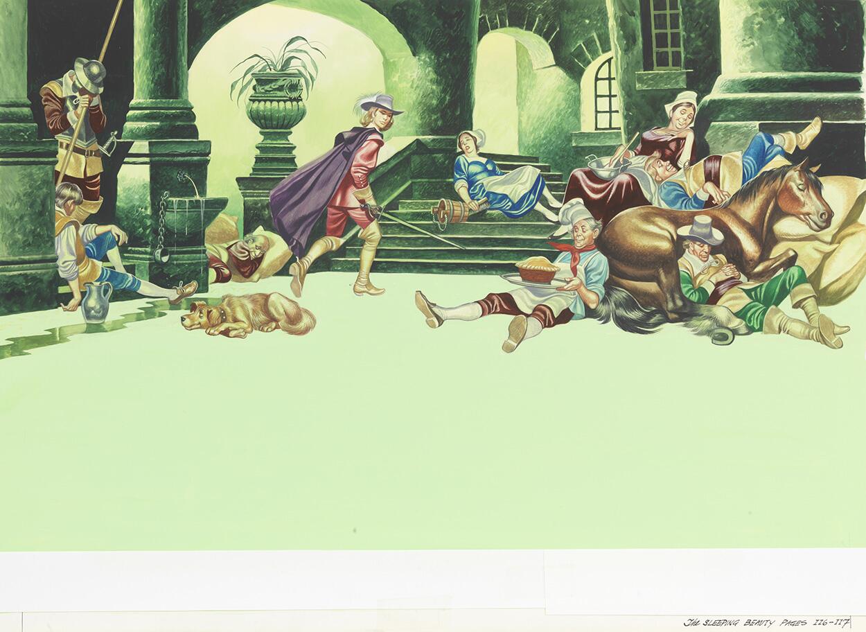 Sleeping Beauty - prince finds everyone asleep art by Ron Embleton