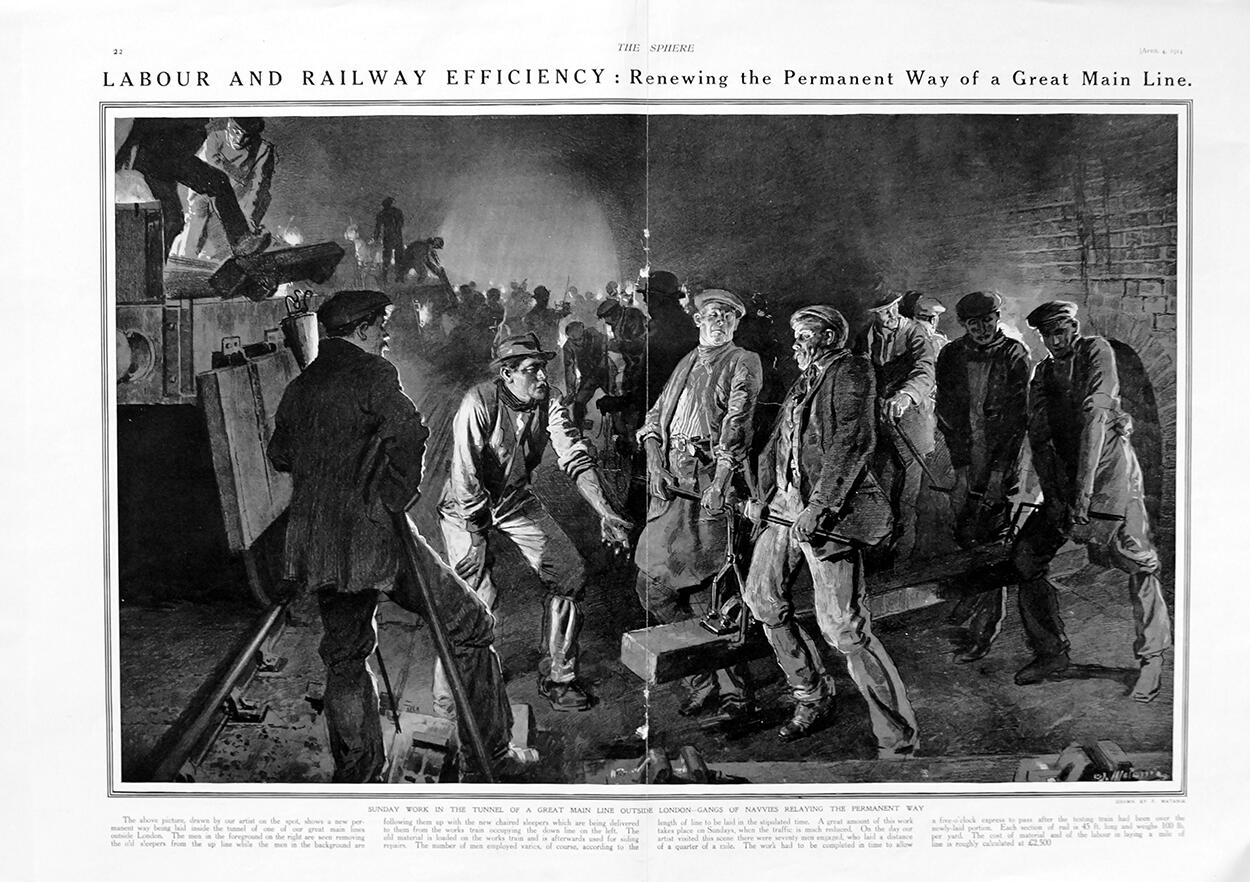 Labour & Railway Efficiency (original page from The Sphere 1914) art by Fortunino Matania