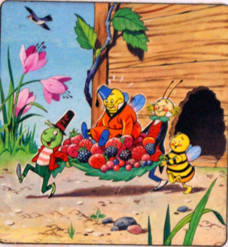 Gregory Grasshopper and his pals carry Mr Bumblebee art by Gordon Hutchings
