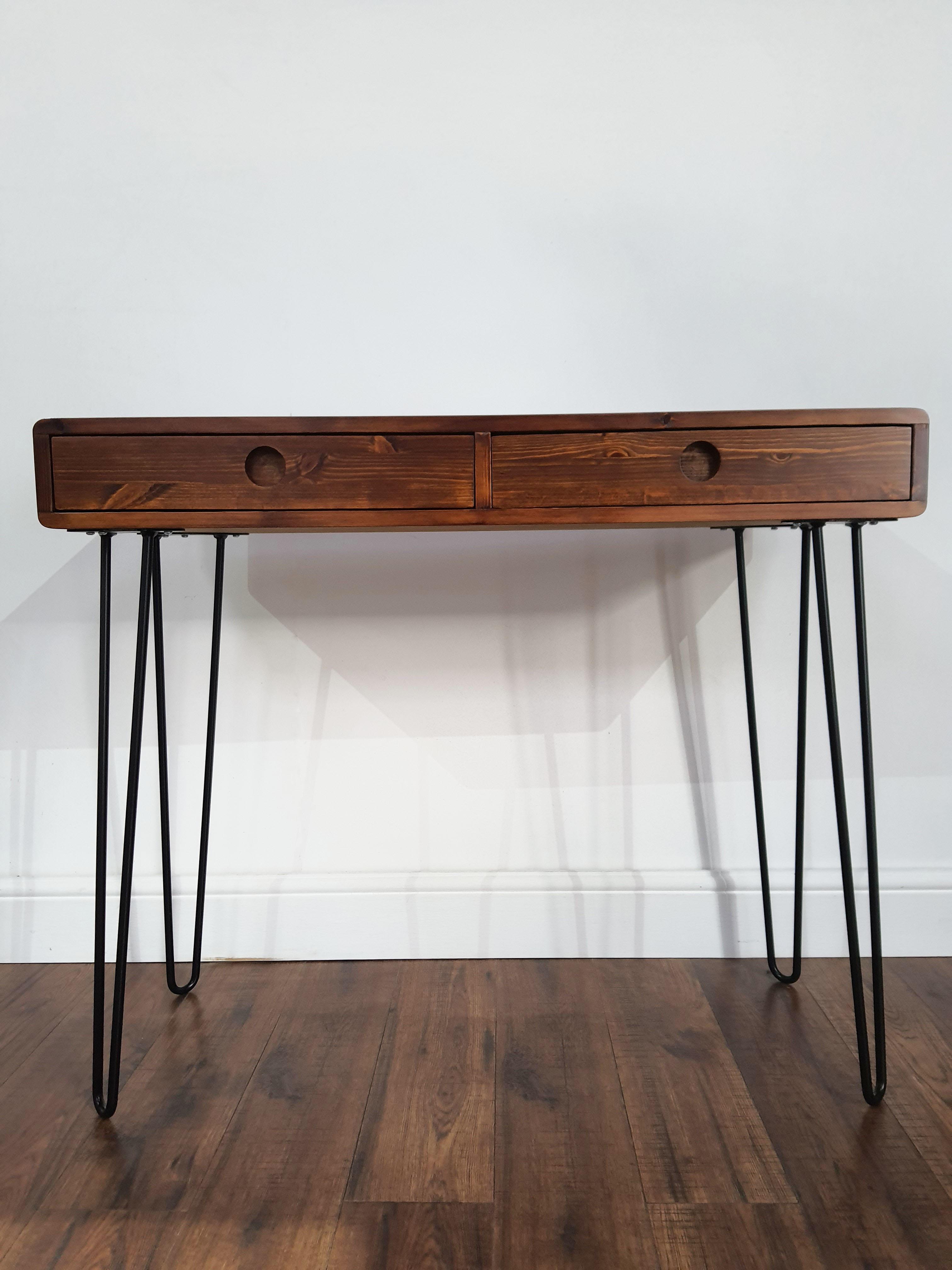 Console Table with Hairpin Legs Solid Wood Two Drawers