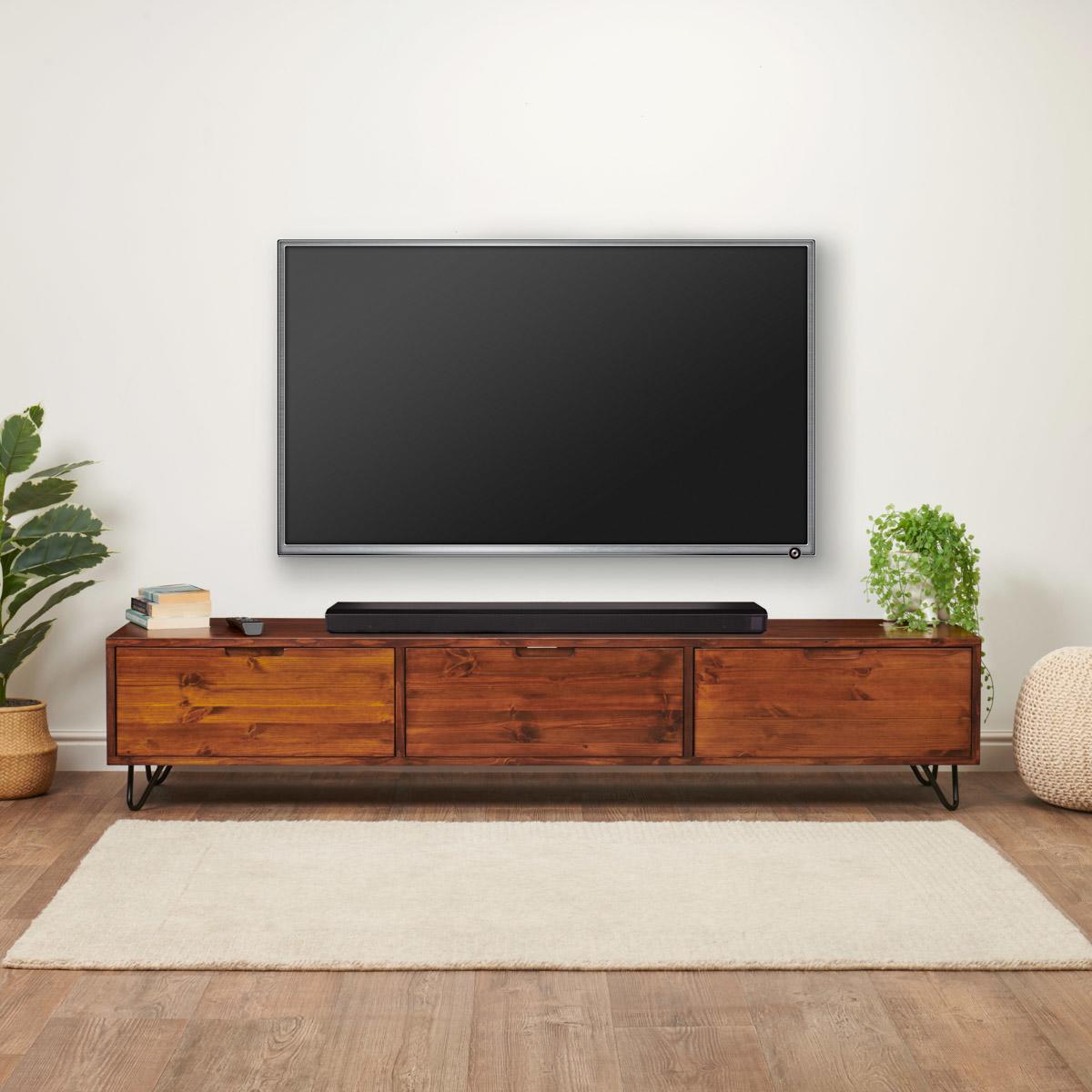 820 Low TV Cabinet - Fully Enclosed - 180cm Wide - Sustainable Solid Wood -  Minimalistic Design - With Storage - Three Hinged Flap-Down Doors 