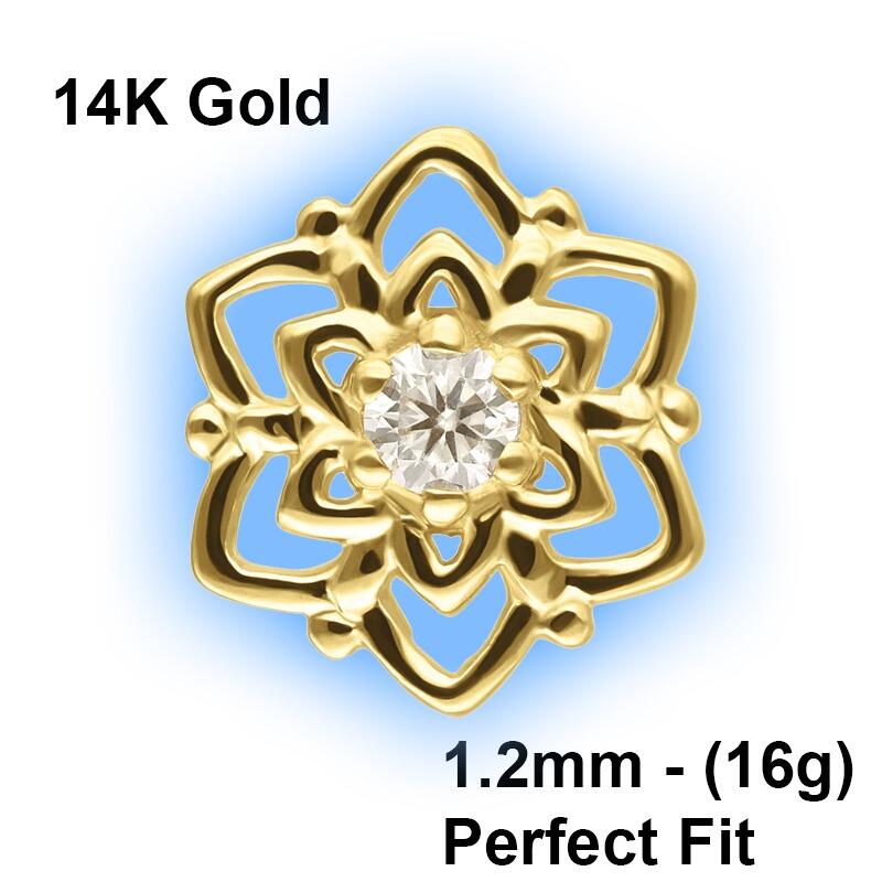 14K Gold Perfect Fit Attachment - 1.2mm (16g) - 0.8mm threading - Moissanit Flower