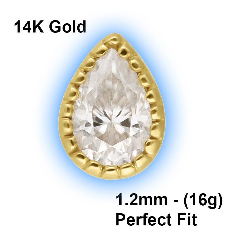 14K Gold Perfect Fit Attachment - 1.2mm (16g) - 0.8mm threading - Moissanit Drop