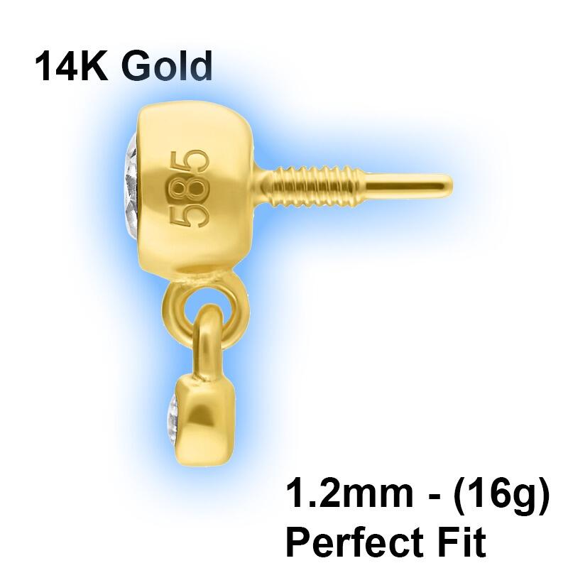 Perfect Fit 14K Gold Attachment for 1.2mm Perfect Fit Labret Studs - Double Crystal Side
