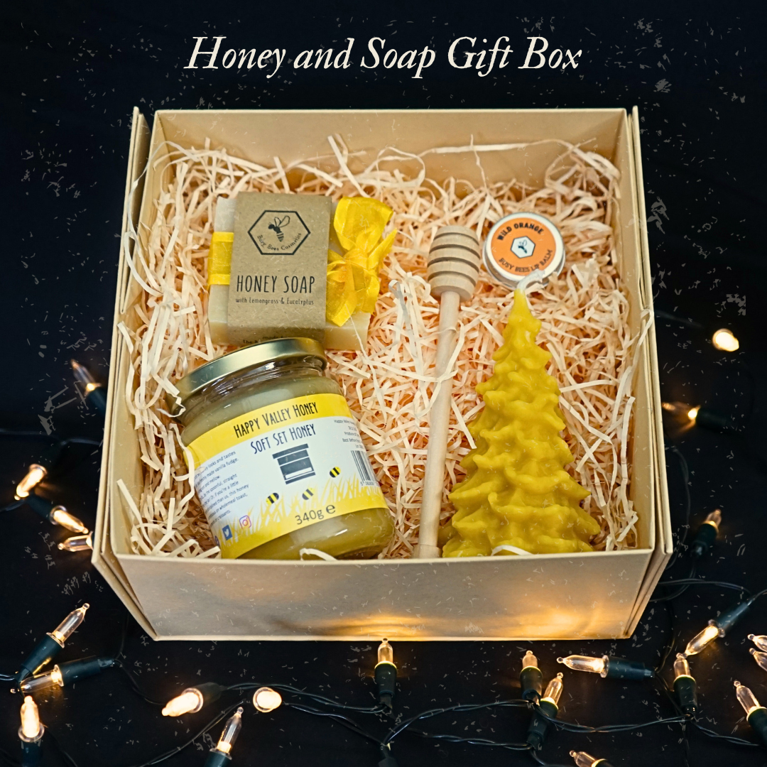 Honey and Soap Gift box with a beesax candle surrounded by pretty christmas lights