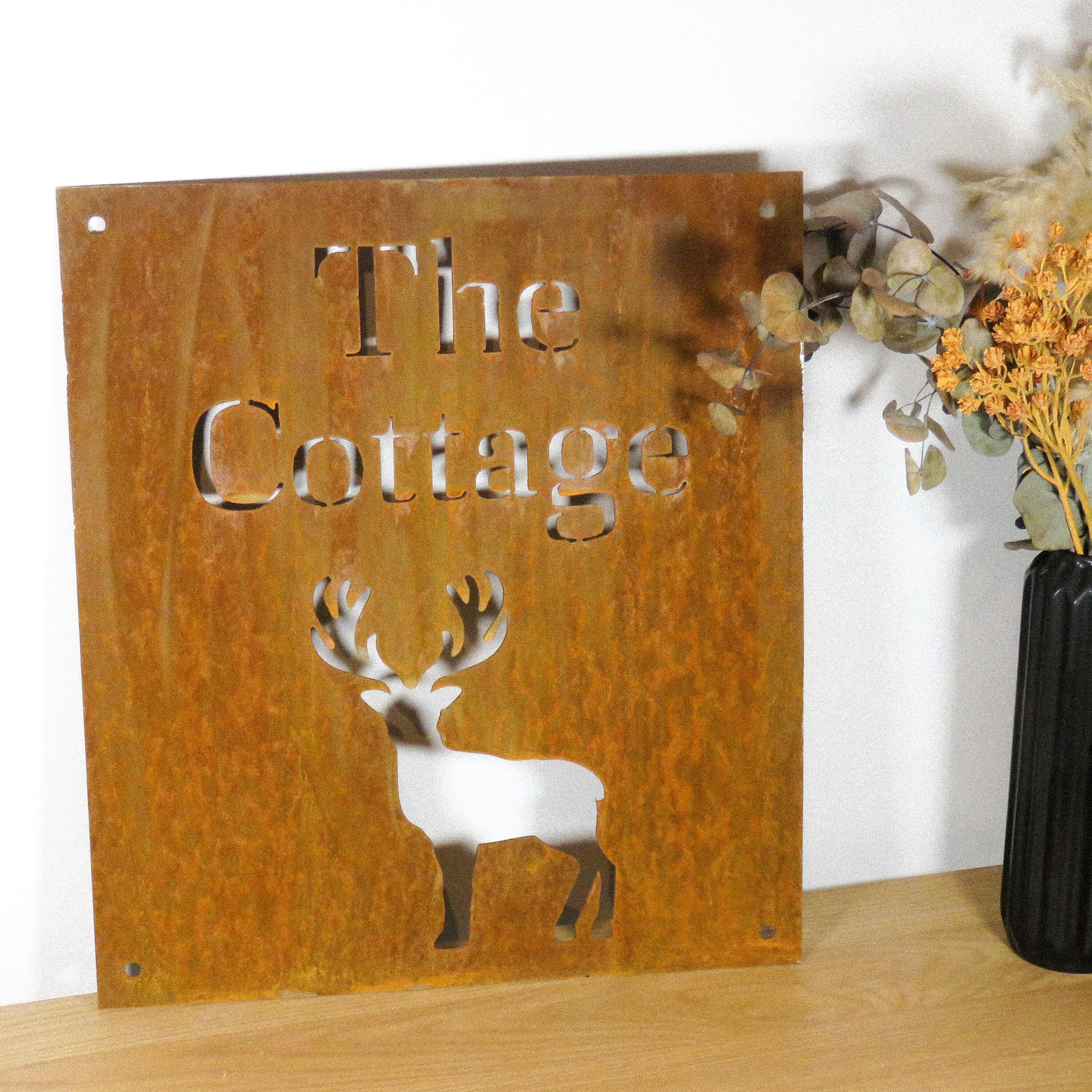 Corten steel house sign with stag image