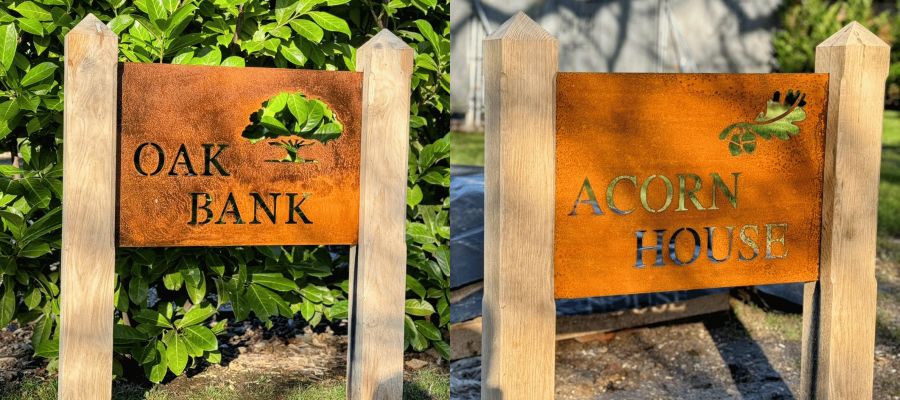 Corten signs mounted on oak posts