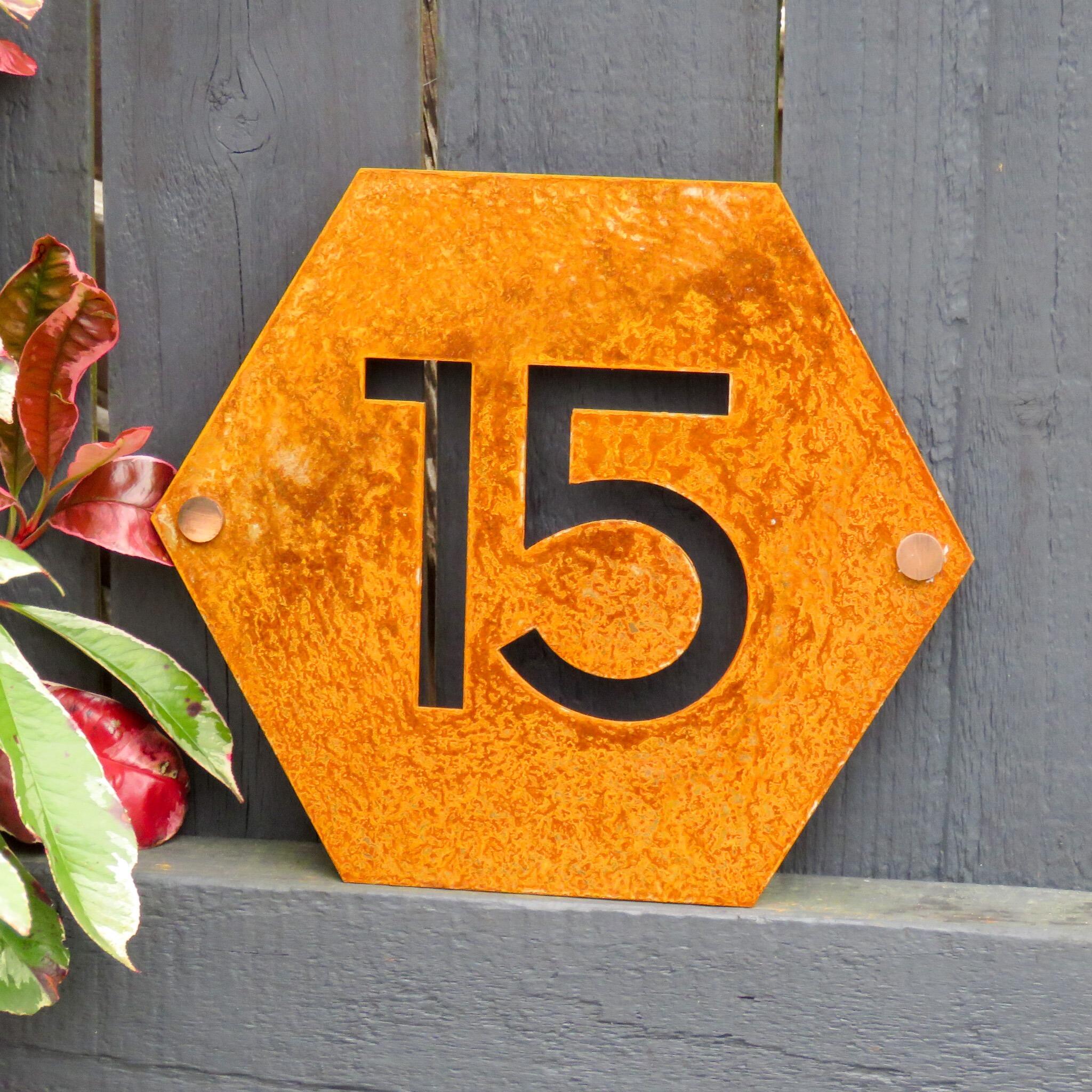 Rusty Corten Steel Hexagon House Number Sign | Rees Metal Designs