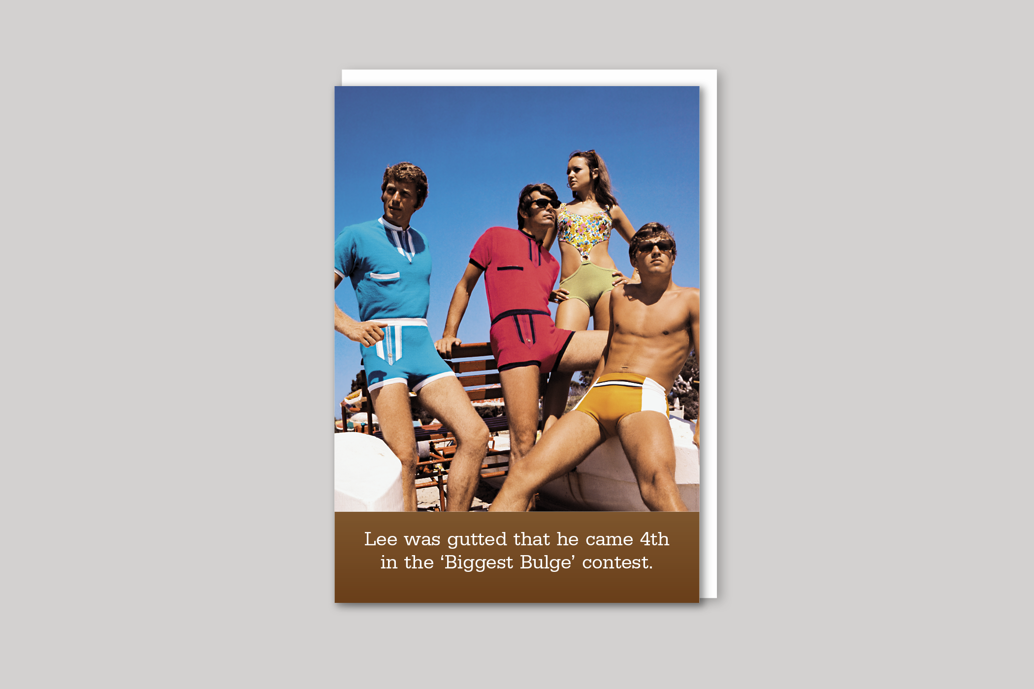 Biggest Bulge from Blush humour range of greeting cards by Icon, back page.