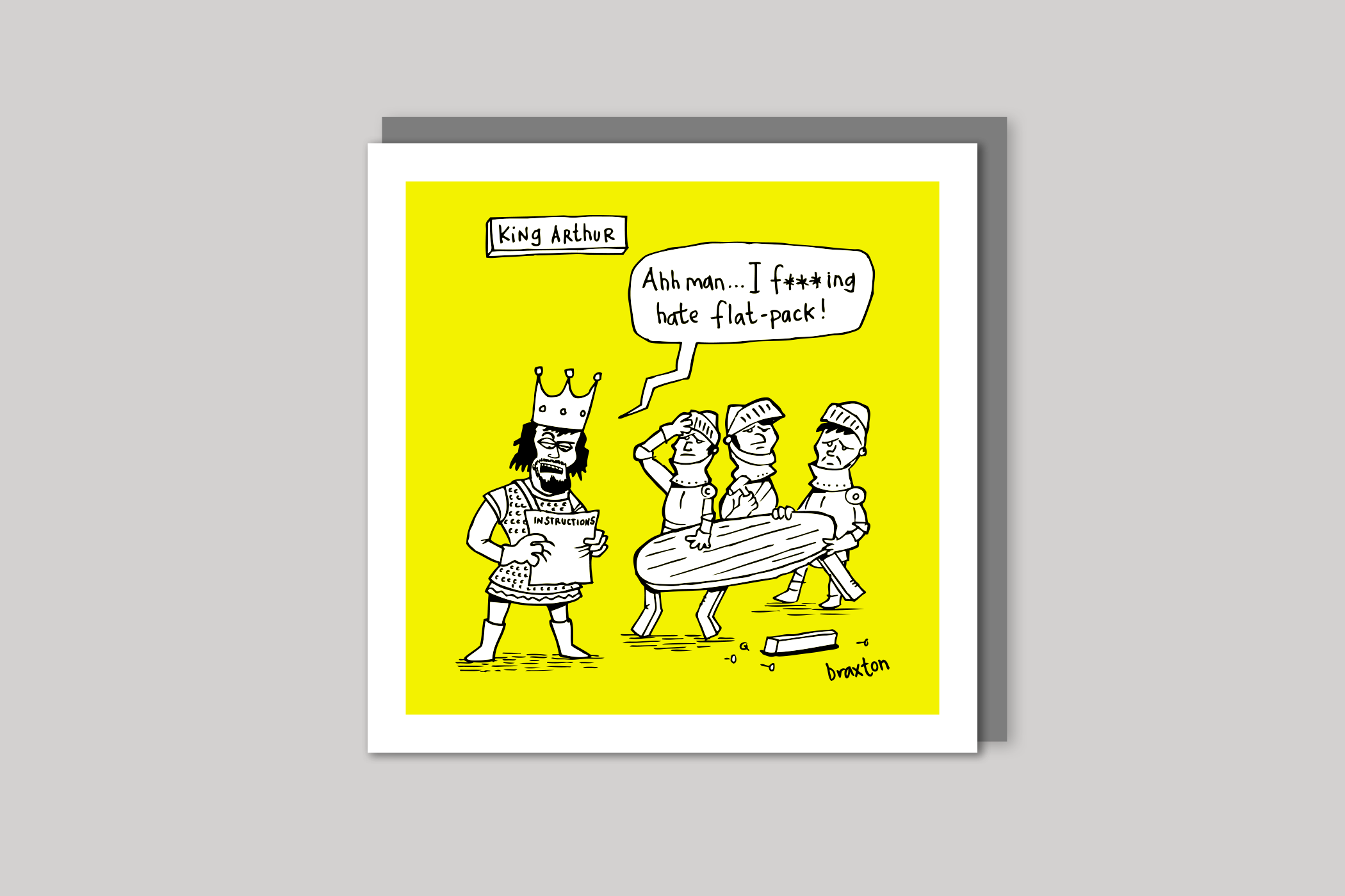 King Arthur humorous illustration from History of the World range of greeting cards by Icon, back page.