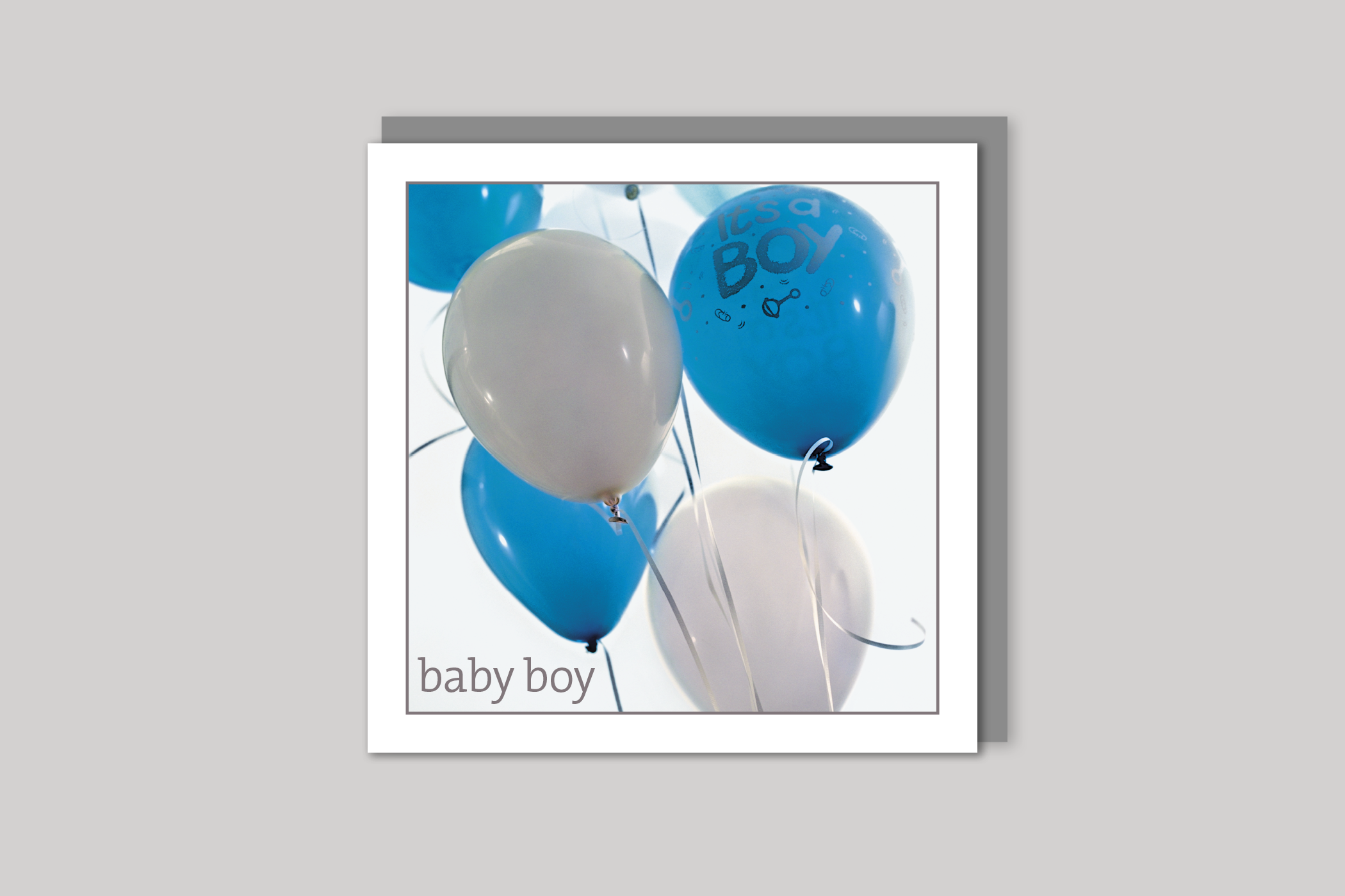 Blue Balloons new baby boy card from Exposure Silver Edition range of greeting cards by Icon, back page.
