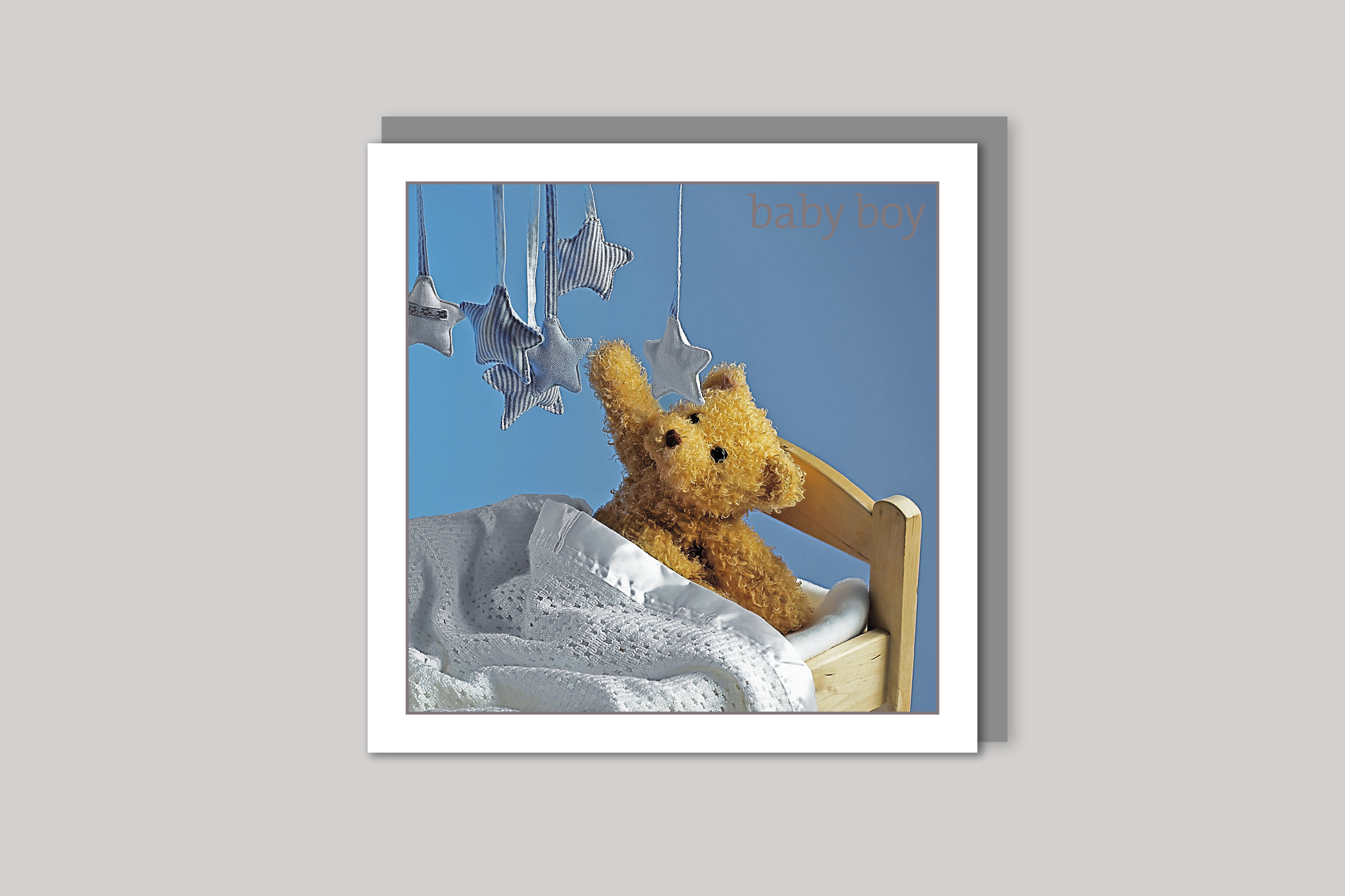 Teddy Mobile new baby boy card from Exposure Silver Edition range of greeting cards by Icon, back page.