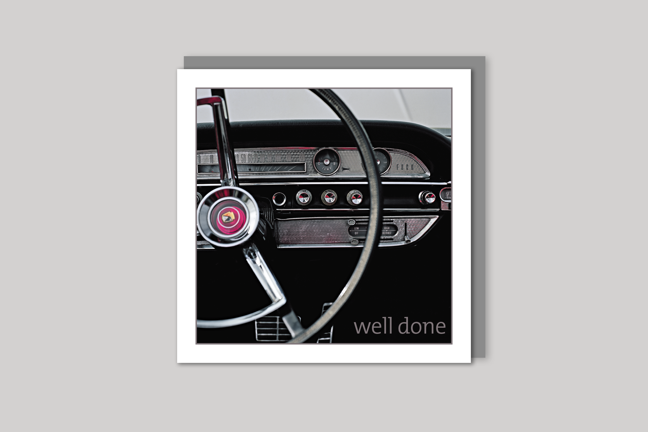 Vintage Car driving test card from Exposure Silver Edition range of greeting cards by Icon, back page.