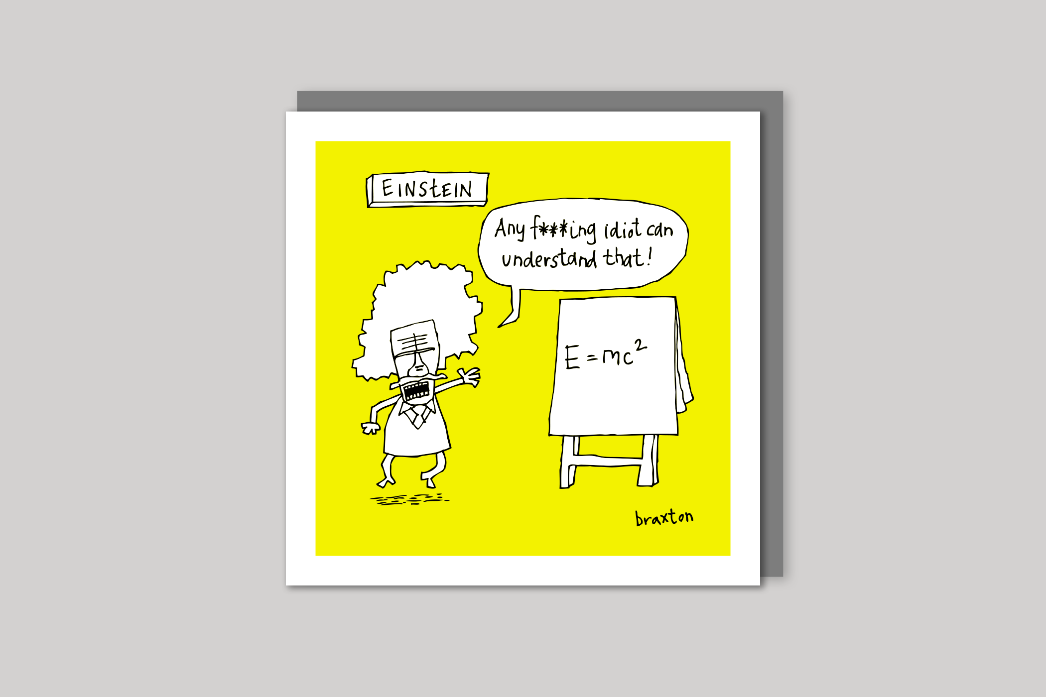 Einstein humorous illustration from History of the World range of greeting cards by Icon, back page.