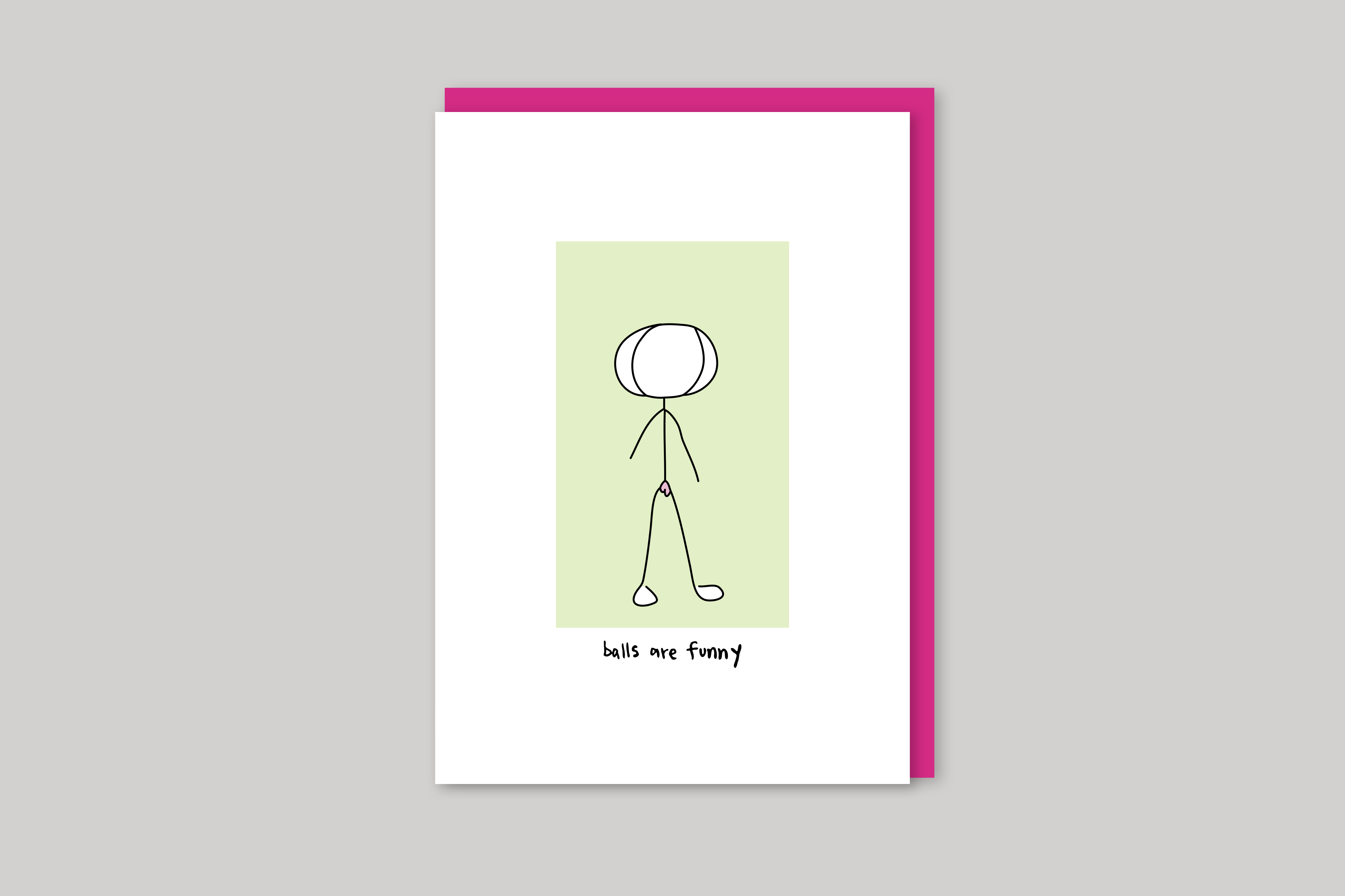 Balls Are Funny humorous illustration from Mean Cards range of greeting cards by Icon, back page.
