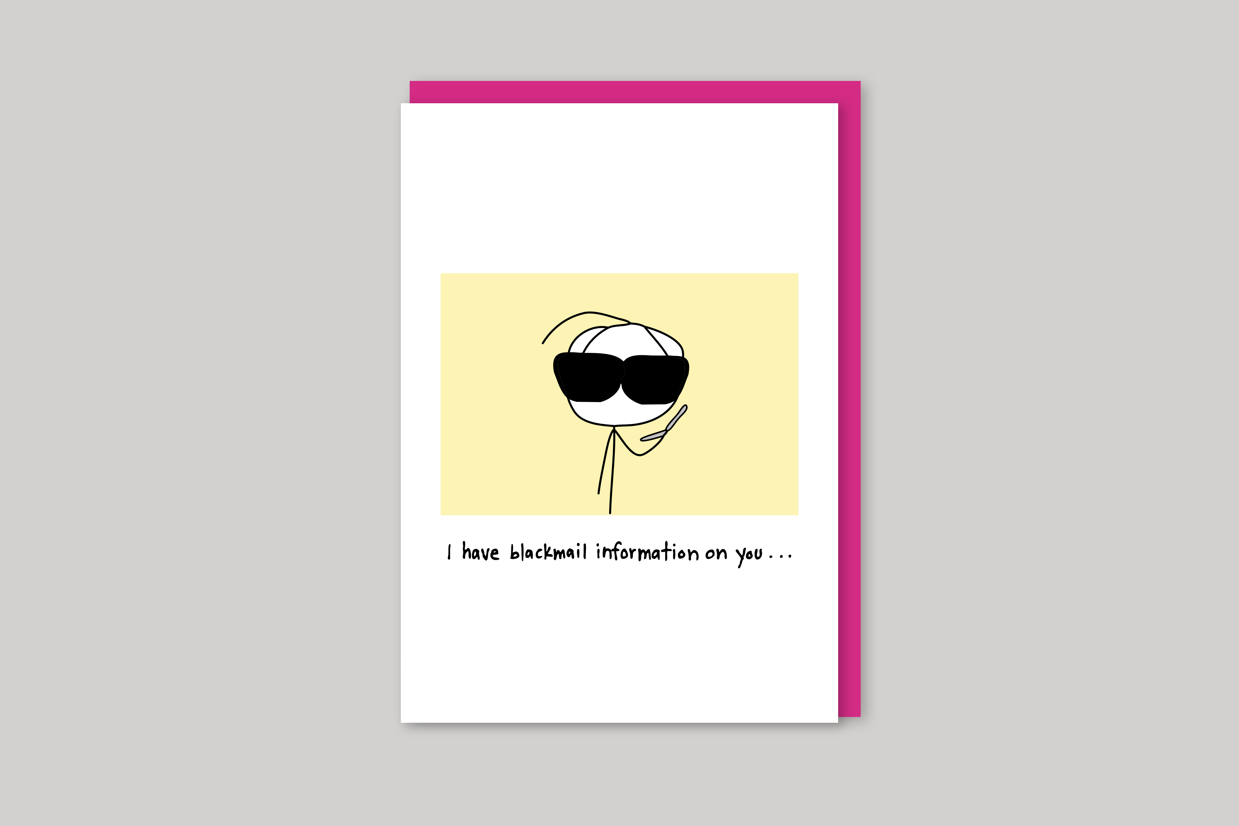 Blackmail Information humorous illustration from Mean Cards range of greeting cards by Icon, back page.