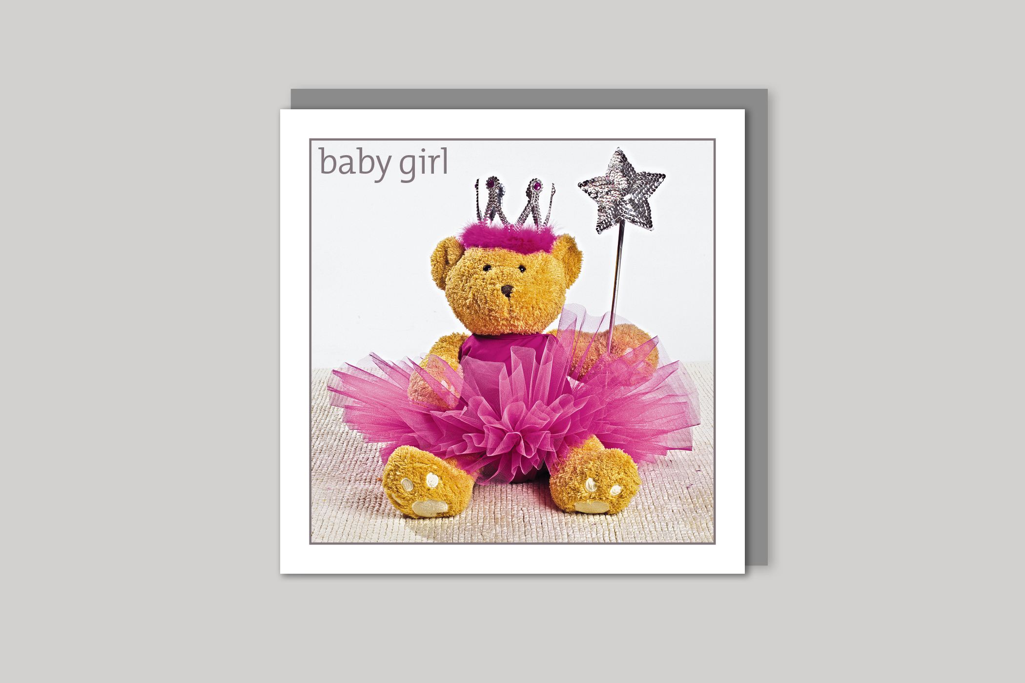 Teddy Tutu new baby girl card from Exposure Silver Edition range of greeting cards by Icon, back page.