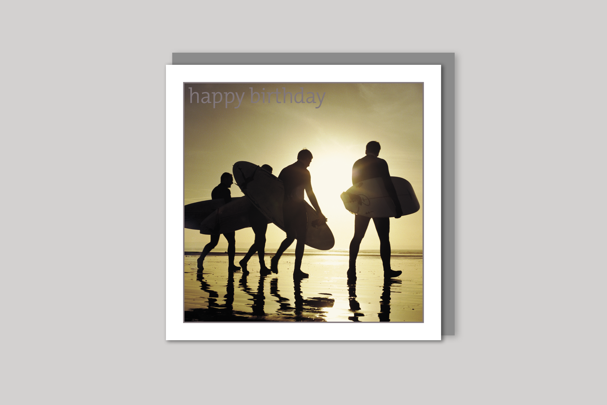 Sunset Surfers from Exposure Silver Edition range of greeting cards by Icon, back page.
