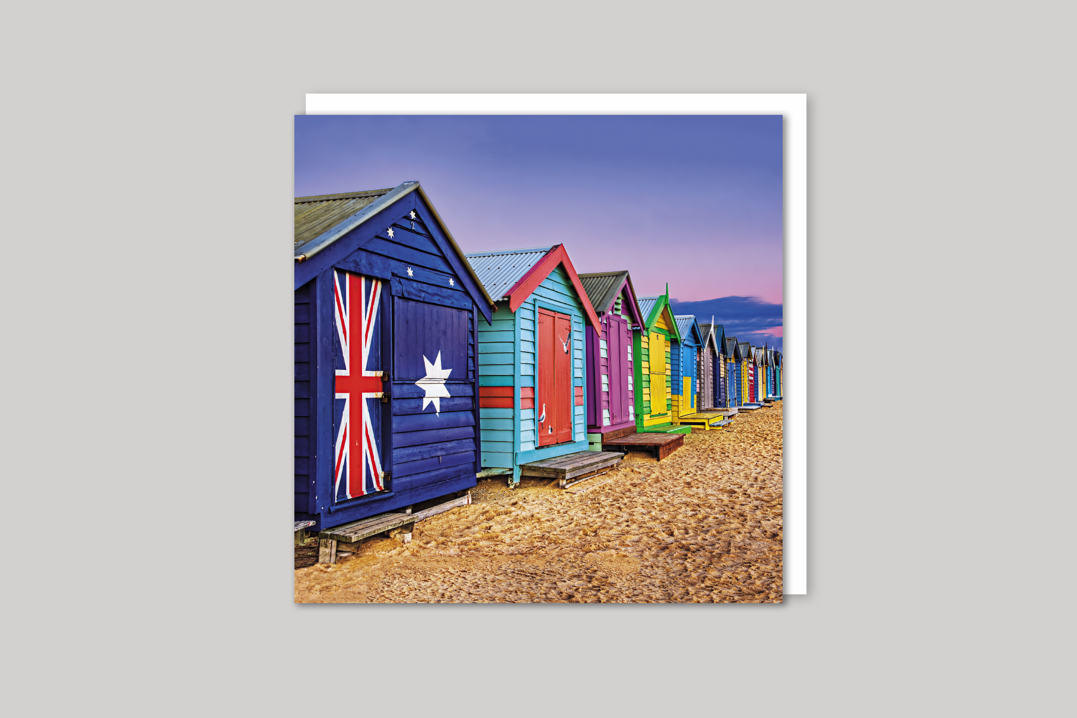 Beach Huts, Melbourne from Exposure range of photographic cards by Icon, back page.