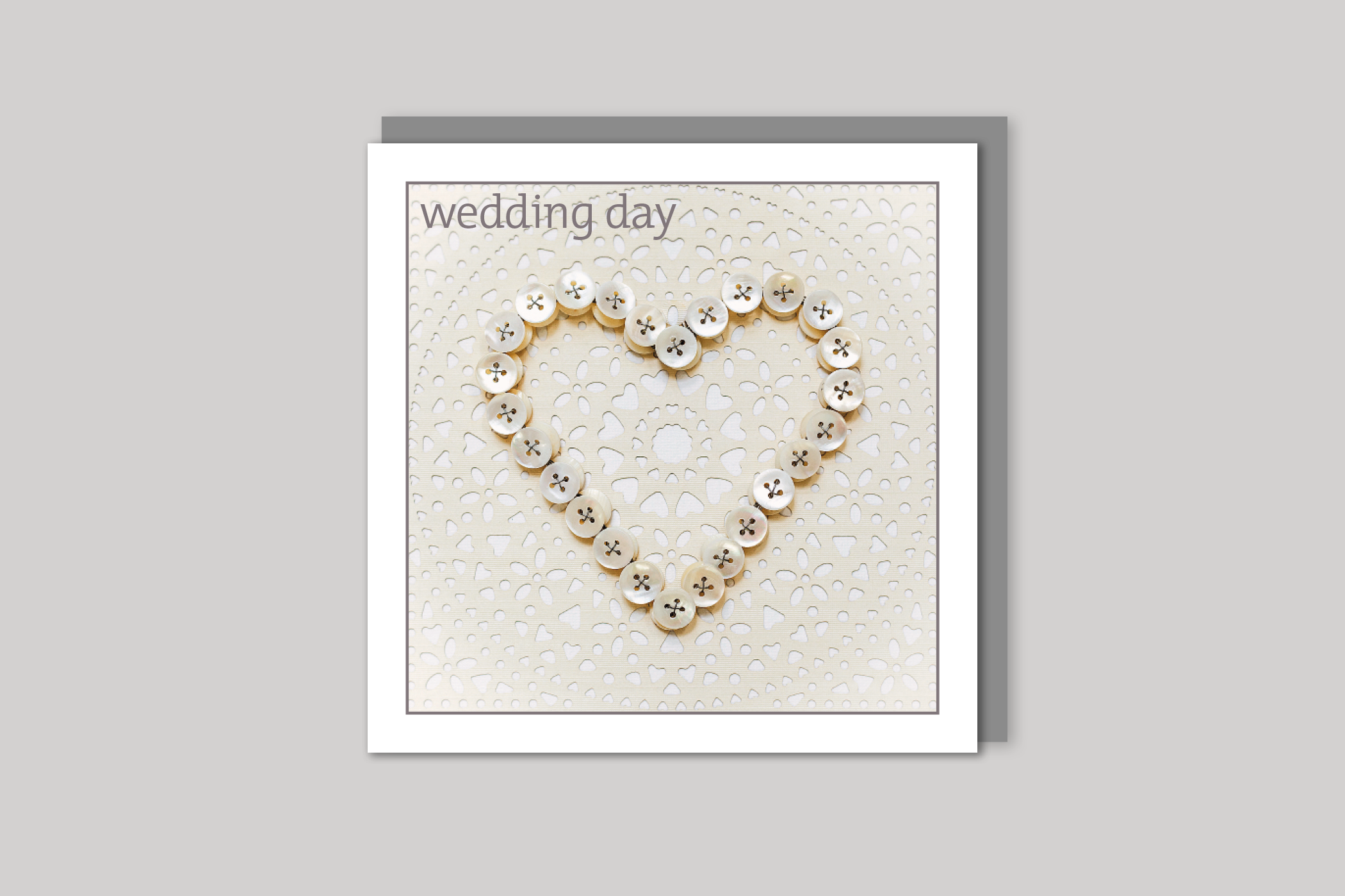 Button Heart wedding card from Exposure Silver Edition range of greeting cards by Icon, back page.