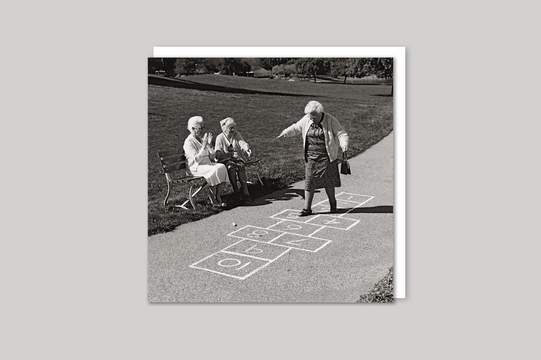 Hopscotch retro photograph from Exposure range of photographic cards by Icon, back page.